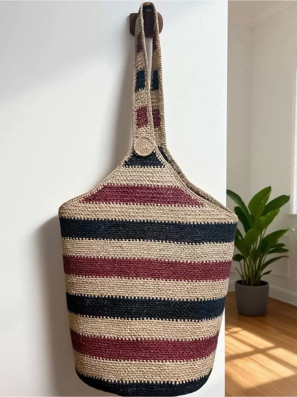 Striped Crochet Hobo Bag in Tan, Black & Burgundy